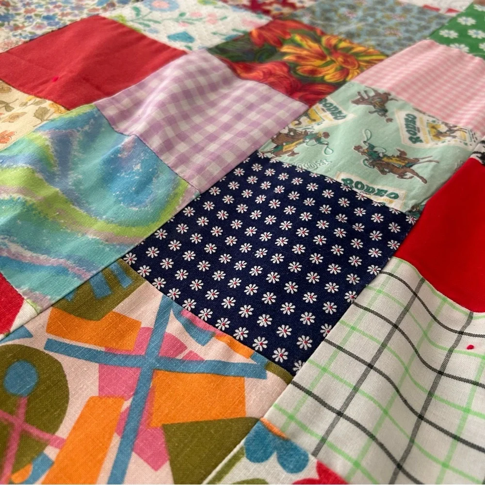 Vintage Handmade “Postage Stamp” Patchwork Quilt Multicolor Bedcover#0831256